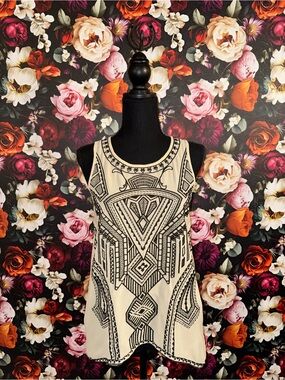 Francesca’s Embroidered Geometric Aztec Sleeveless Top - Beige/Black, Small